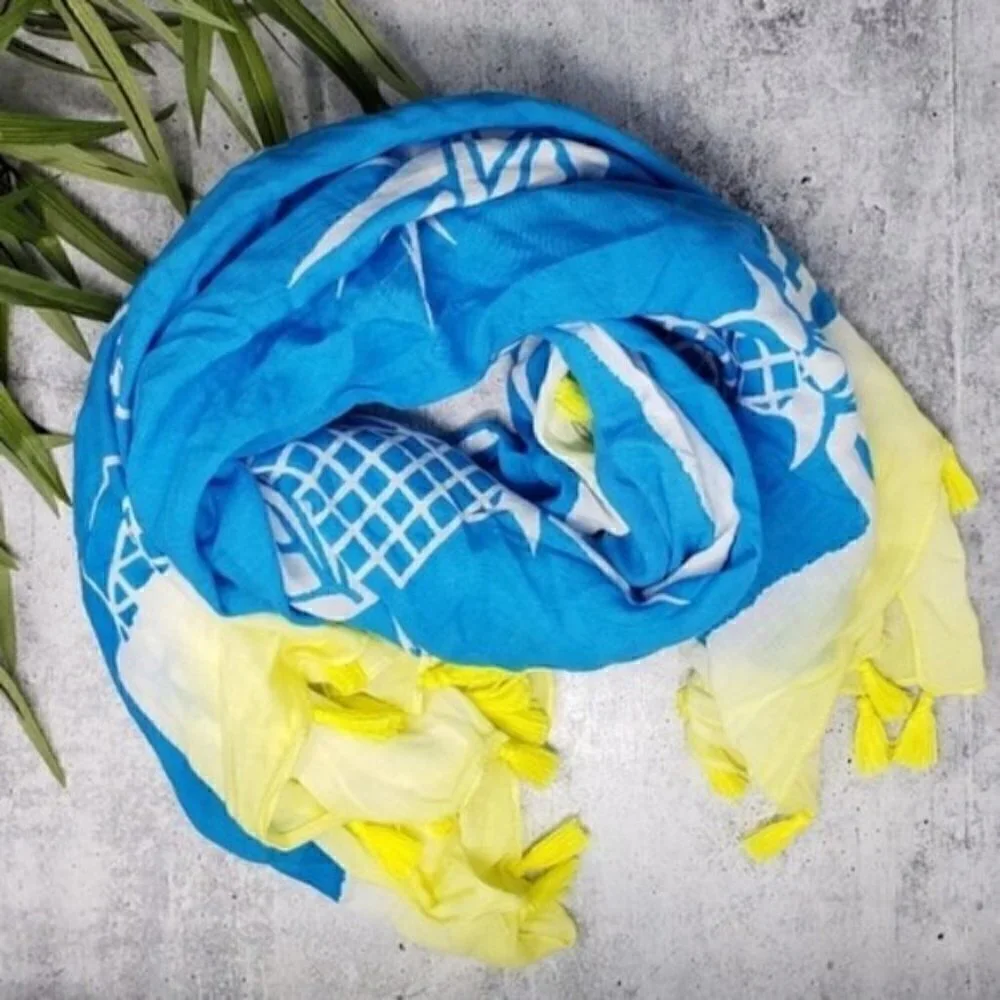 Pineapple Print Tassel Scarf Yellow Blue White Bright Casual Summer Vacation